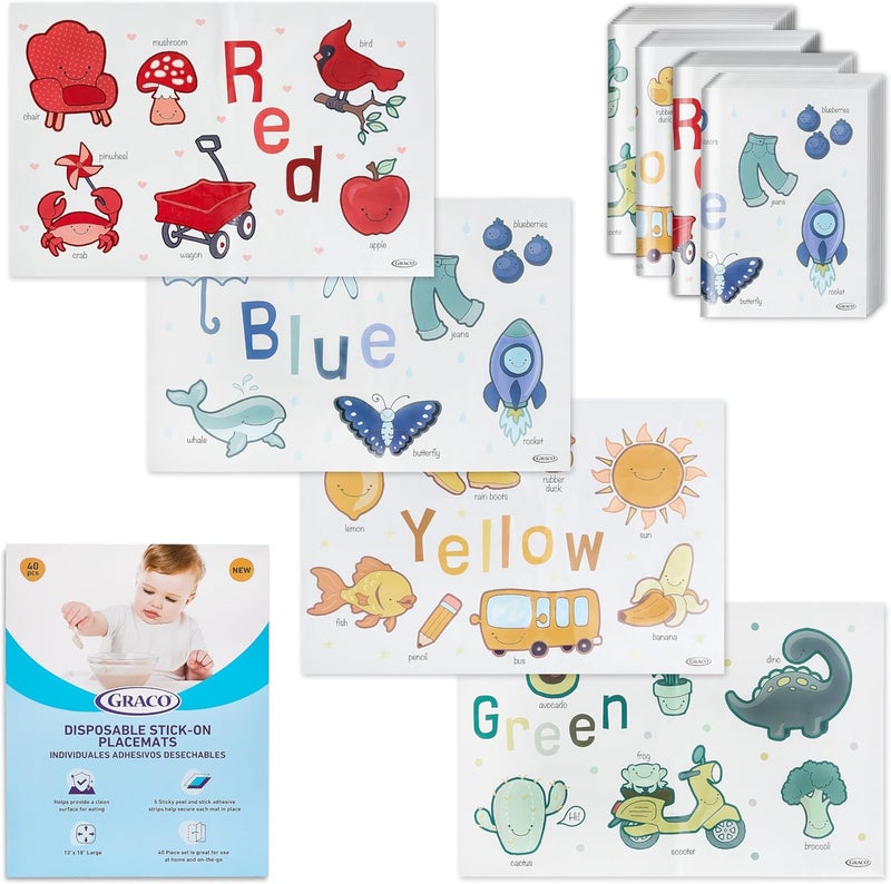 Graco Disposable Placemats - Convenient, Spill-Proof, Easy-Clean Mats for Meals and Travel - 40 Pcs Set, Assorted - Image 1
