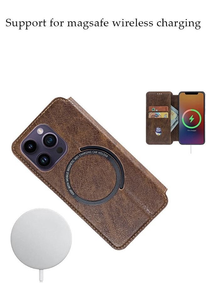iPhone 14 Pro Max 6.7" Leather Wallet Case 3 Credit Card Holder Flip Folio Book Protective Cover Anti-fall Anti-fingerprint Wireless Charge Phone Cover for Apple 14 ProMax 5G Phone case Brown  - Image 2