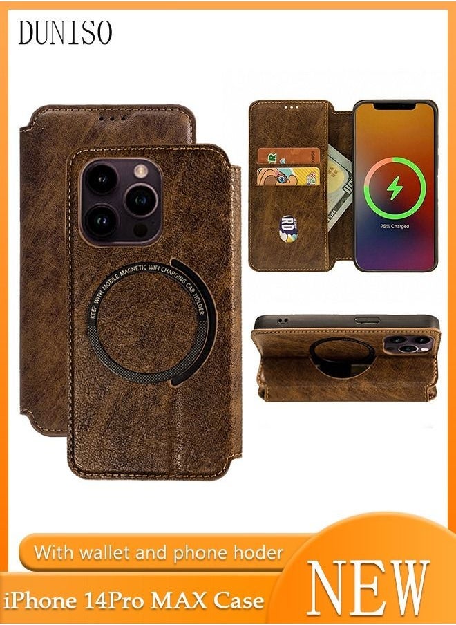 iPhone 14 Pro Max 6.7" Leather Wallet Case 3 Credit Card Holder Flip Folio Book Protective Cover Anti-fall Anti-fingerprint Wireless Charge Phone Cover for Apple 14 ProMax 5G Phone case Brown  - Image 1