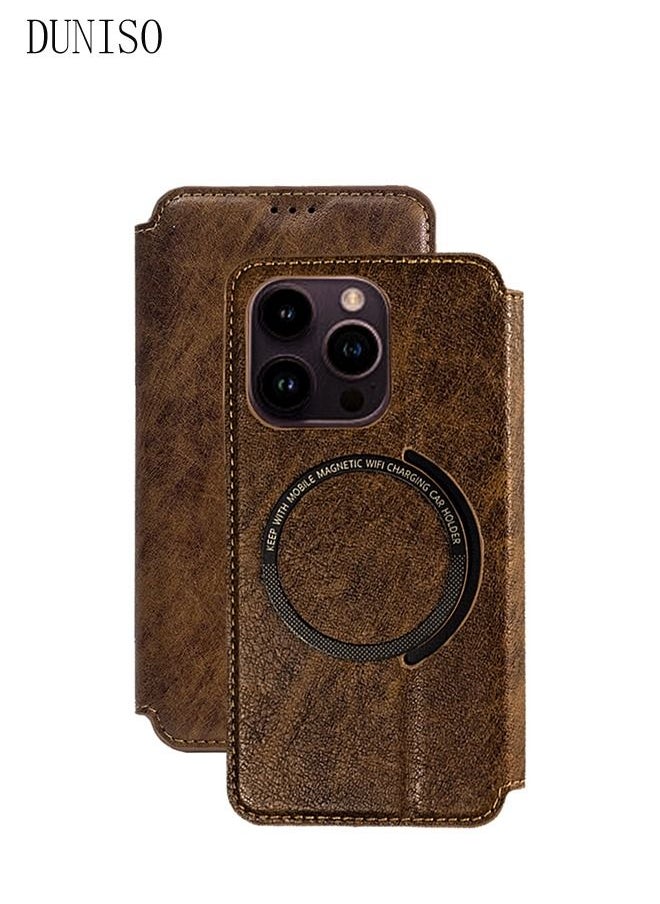 iPhone 14 Pro Max 6.7" Leather Wallet Case 3 Credit Card Holder Flip Folio Book Protective Cover Anti-fall Anti-fingerprint Wireless Charge Phone Cover for Apple 14 ProMax 5G Phone case Brown  - Image 5