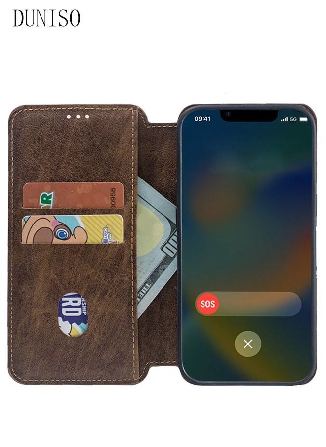 iPhone 14 Pro Max 6.7" Leather Wallet Case 3 Credit Card Holder Flip Folio Book Protective Cover Anti-fall Anti-fingerprint Wireless Charge Phone Cover for Apple 14 ProMax 5G Phone case Brown  - Image 3
