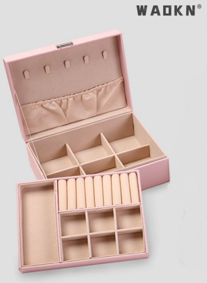 WAOKN Premium double-layer leather jewelry organizer box, specially designed for rings, earrings, necklaces, and various large hair accessories（pink） - Image 1