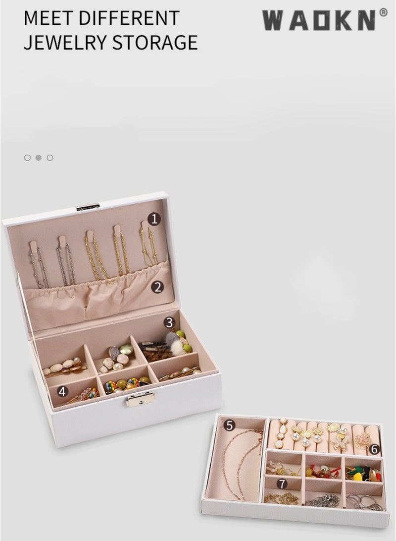 WAOKN Premium double-layer leather jewelry organizer box, specially designed for rings, earrings, necklaces, and various large hair accessories（pink） - Image 2