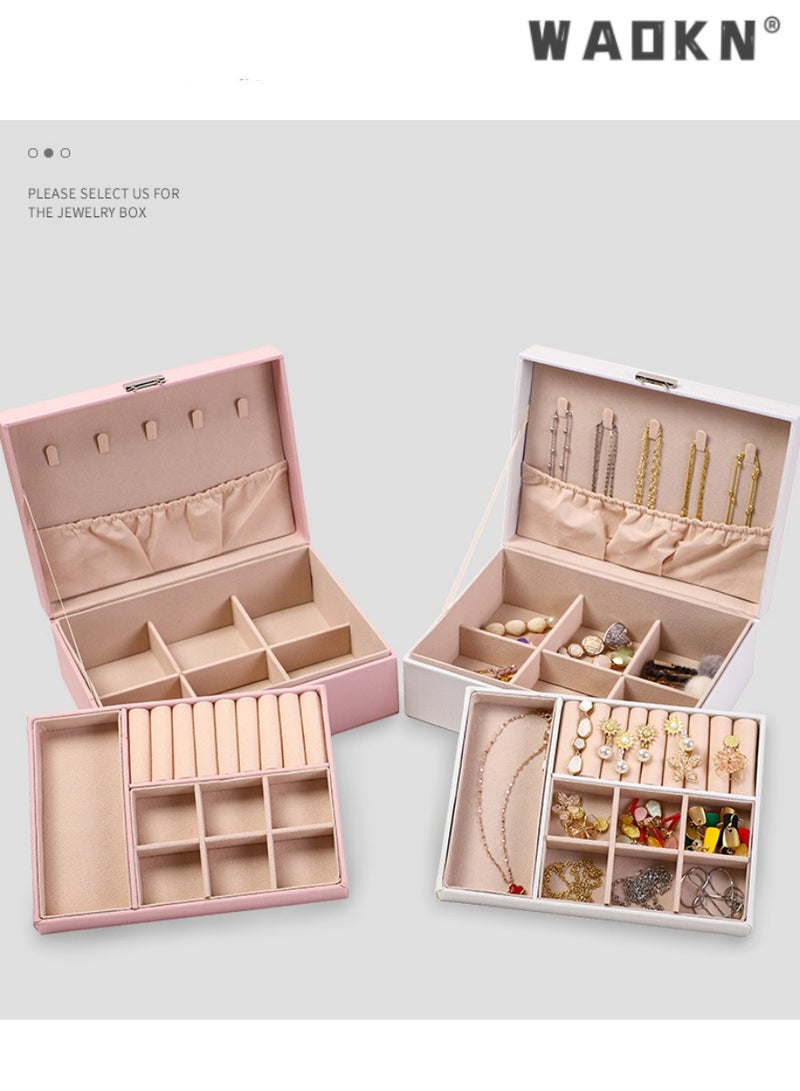 WAOKN Premium double-layer leather jewelry organizer box, specially designed for rings, earrings, necklaces, and various large hair accessories（pink） - Image 5