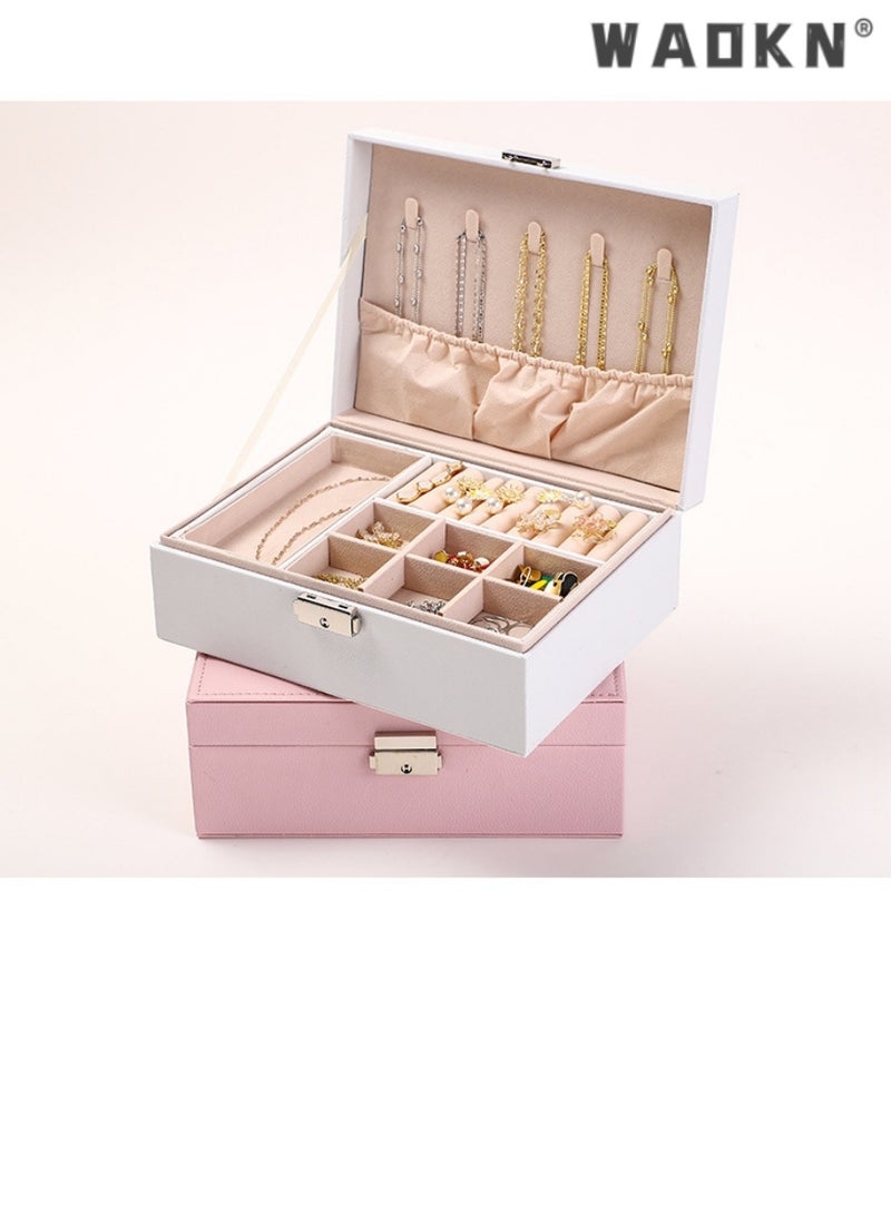 WAOKN Premium double-layer leather jewelry organizer box, specially designed for rings, earrings, necklaces, and various large hair accessories（pink） - Image 4