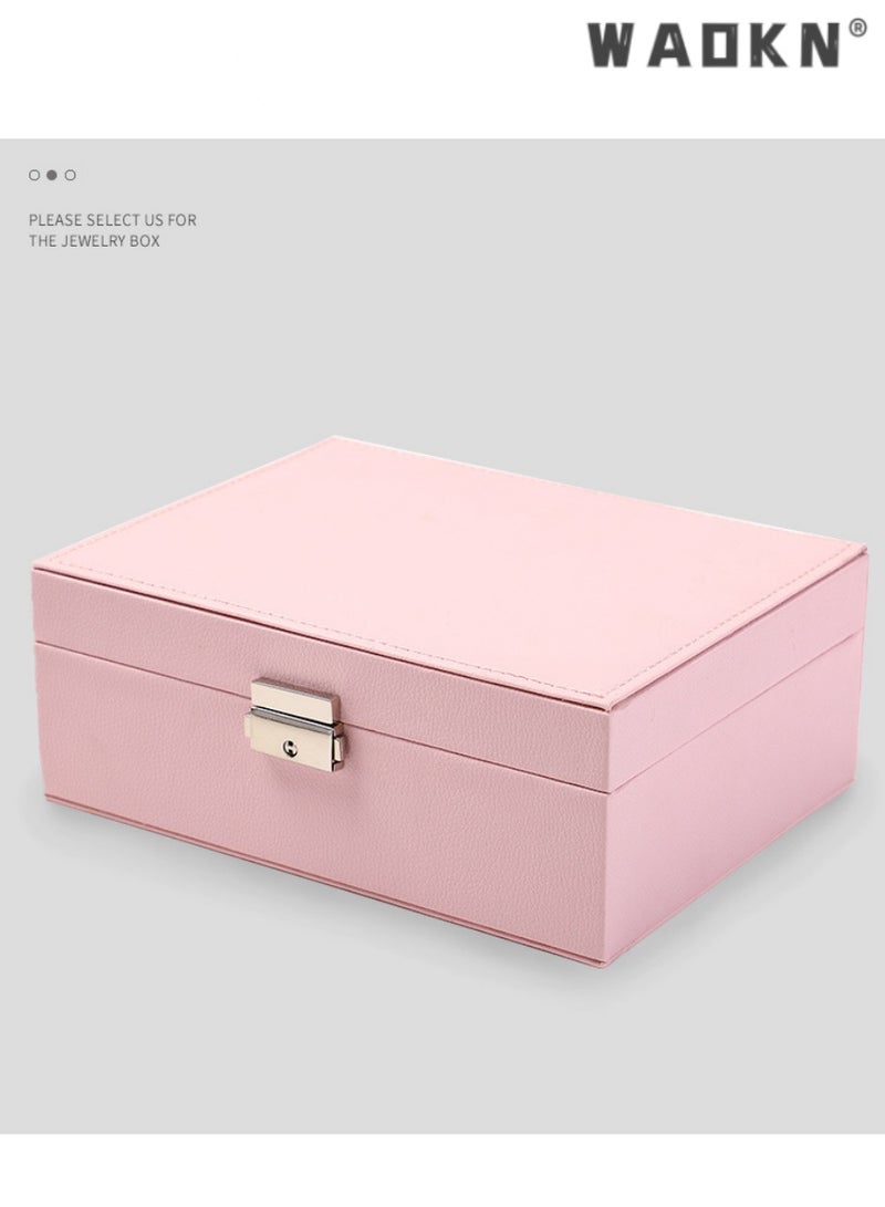 WAOKN Premium double-layer leather jewelry organizer box, specially designed for rings, earrings, necklaces, and various large hair accessories（pink） - Image 3