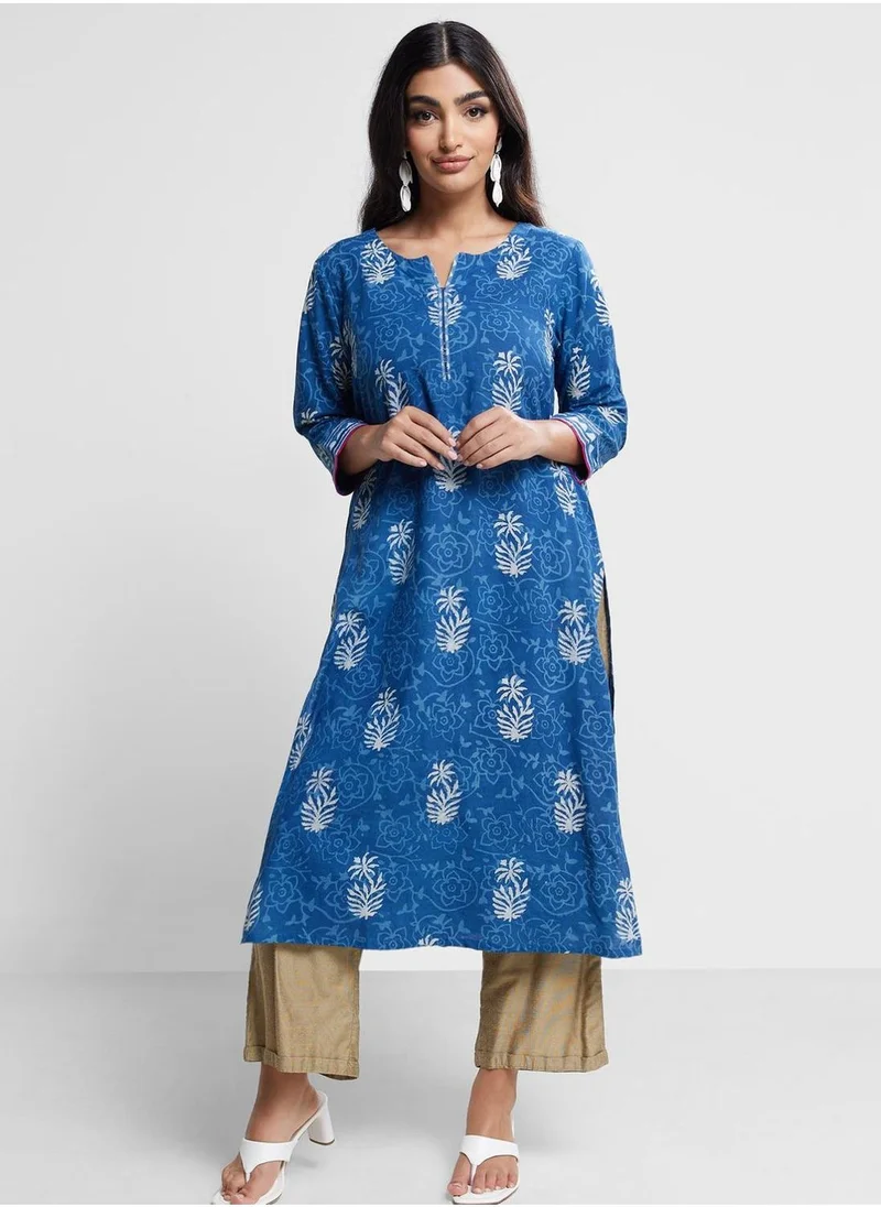 Fabindia V-Neck Floral Print Long Kurta