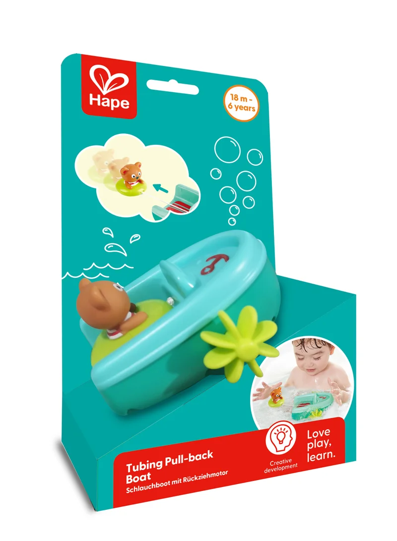 هيب Hape Tubing Pull-Back Boat Bath Toy for Toddlers with Floating Teddy Bear & Self-Paddling Action, Interactive Water Play & Cause-and-Effect Bathtub Toy, Ages 18 Months+