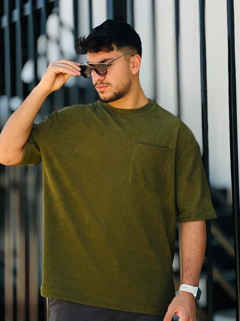 Miron Pocket Detailed Ribbed Short Sleeve T-ShirtKhaki