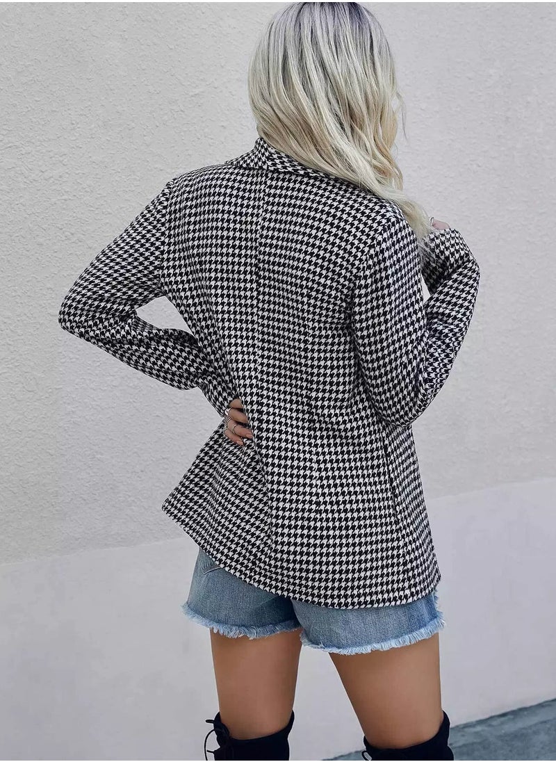 Houndstooth Print Shawl Collar Wool-Mix Blazer