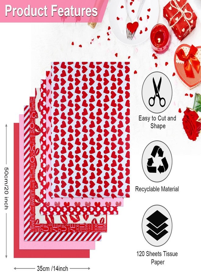 AORZIT 120 Sheets Valentines Day Tissue Paper Bulk 8 Design Pink Red Heart Lip Pattern Gift Wrapping Paper for Valentine's Wedding Mother's Day Party Decor DIY Craft - Image 3
