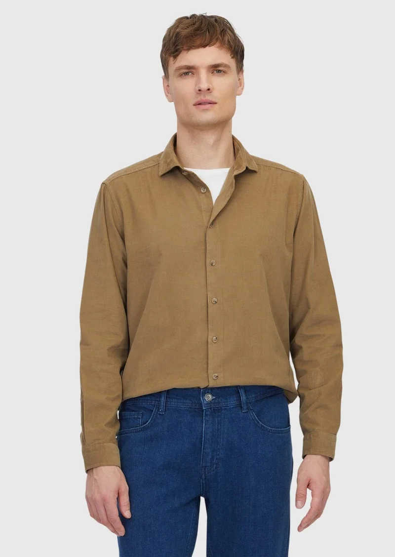 RAMSEY Mink Plain Long Weaving Casual 100% Cotton Shirt