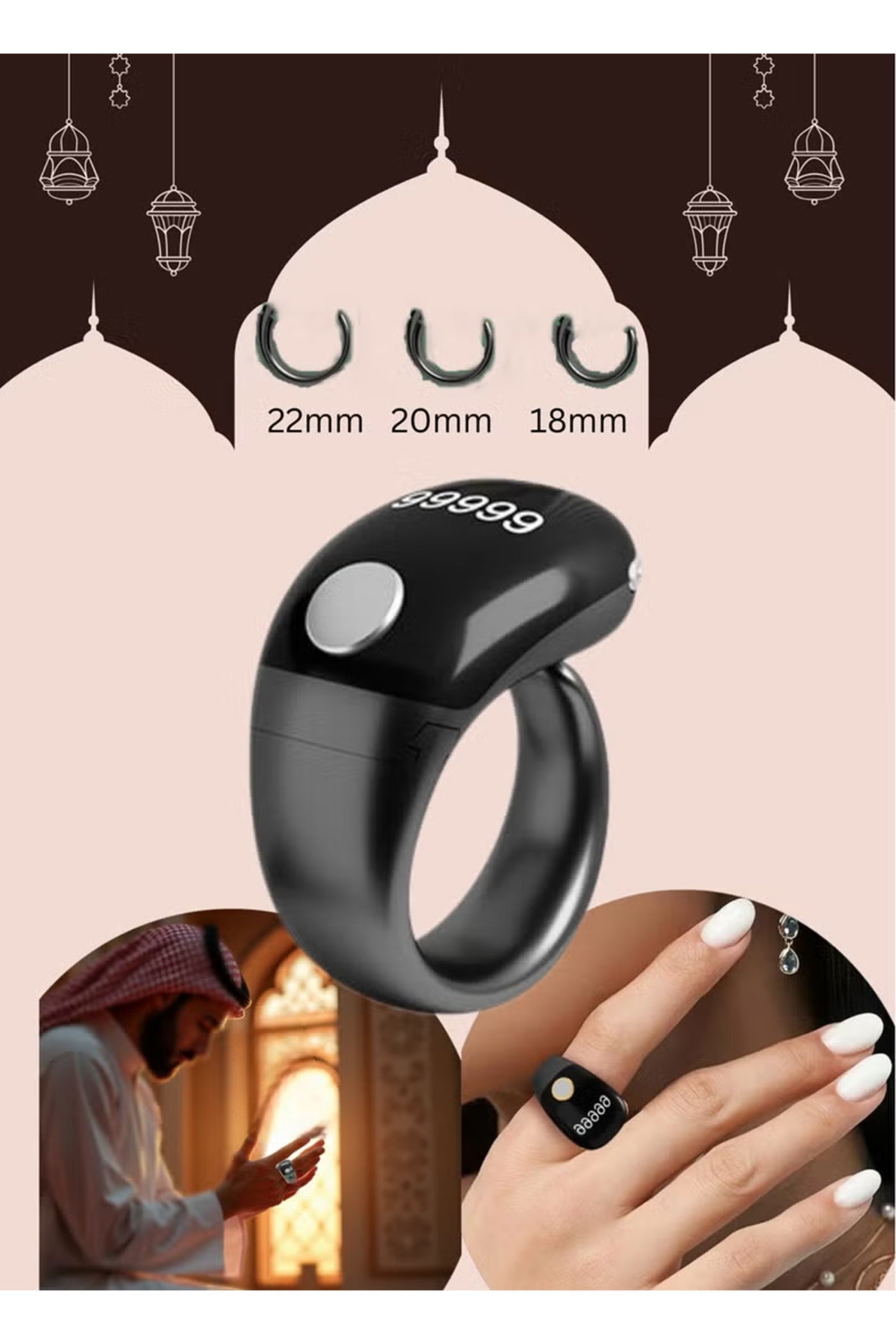 New Zikr Smart Ring OLED Display, IPX67 Waterproof, Ring Counter, Adjustable Ring Size, Including 3 Compatible Sizes (18mm/20mm/22mm) Prayer Time Reminder with Vibration Reminder Tasbih Counter and Bluetooth Connection