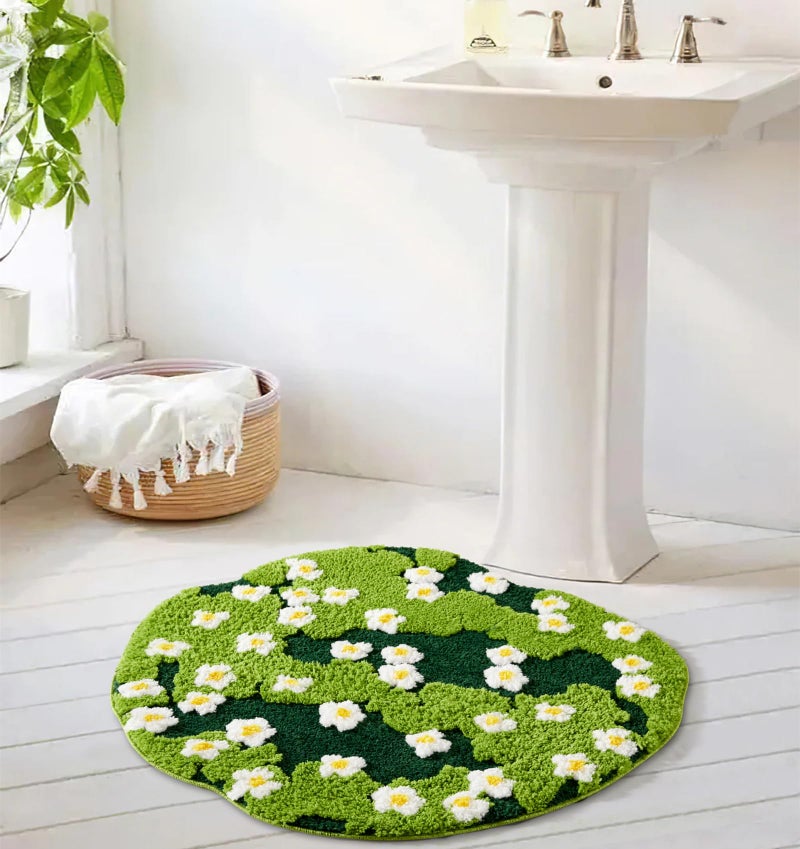 Ouyattle Cute Green Floral Large Bathroom Rugs Bath Mat 3ft Non Slip Washable, Modern Chic Boho Aesthetic Trendy Funky Microfiber Shaggy Tufted Grass Rugs for Bedroom Dorm Nursery Bathroom Kitchen - Image 2
