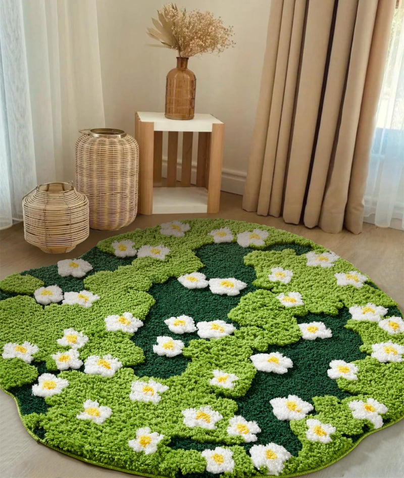 Ouyattle Cute Green Floral Large Bathroom Rugs Bath Mat 3ft Non Slip Washable, Modern Chic Boho Aesthetic Trendy Funky Microfiber Shaggy Tufted Grass Rugs for Bedroom Dorm Nursery Bathroom Kitchen - Image 1