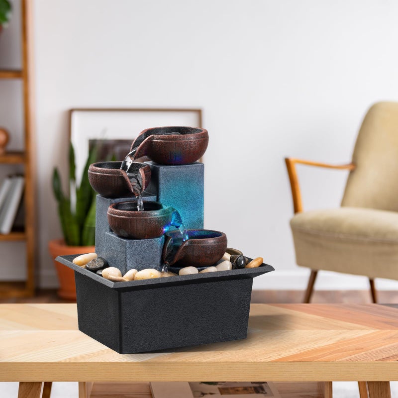 AMOOTEK Tabletop Fountain 4 Level Small Waterfall Fountain Indoor Relaxing Water Feature Meditation Fountain for Home Office Bedroom Decoration Including LED Lighting Natural Rocks as Festival Gifts - Image 4