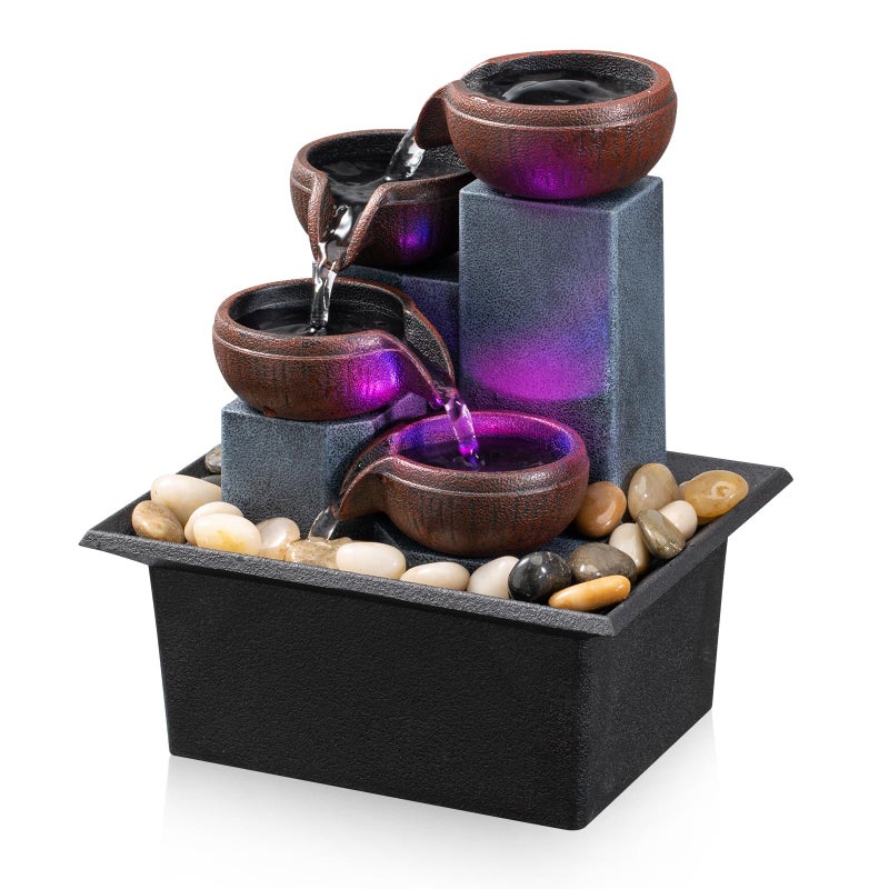 AMOOTEK Tabletop Fountain 4 Level Small Waterfall Fountain Indoor Relaxing Water Feature Meditation Fountain for Home Office Bedroom Decoration Including LED Lighting Natural Rocks as Festival Gifts - Image 1