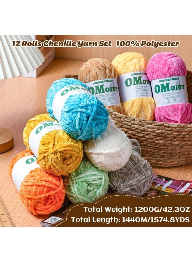 OMoiut 12 Pack Multicolored Plush Chenille Yarn，Velvet Baby Blanket Yarn for Crocheting Soft ，(1200 g/42.3 oz，1440 m/1574 yds Fluffy Amigurumi Crochet Yarn Set A - Image 3
