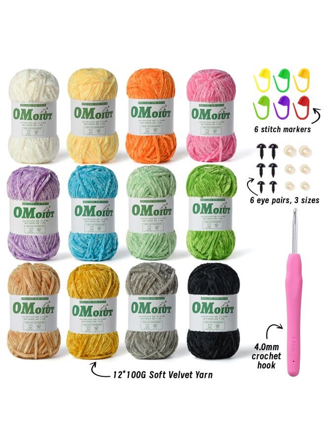 OMoiut 12 Pack Multicolored Plush Chenille Yarn，Velvet Baby Blanket Yarn for Crocheting Soft ，(1200 g/42.3 oz，1440 m/1574 yds Fluffy Amigurumi Crochet Yarn Set A - Image 2