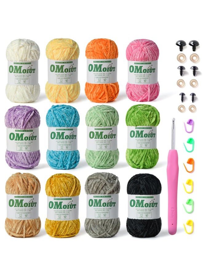 OMoiut 12 Pack Multicolored Plush Chenille Yarn，Velvet Baby Blanket Yarn for Crocheting Soft ，(1200 g/42.3 oz，1440 m/1574 yds Fluffy Amigurumi Crochet Yarn Set A - Image 1