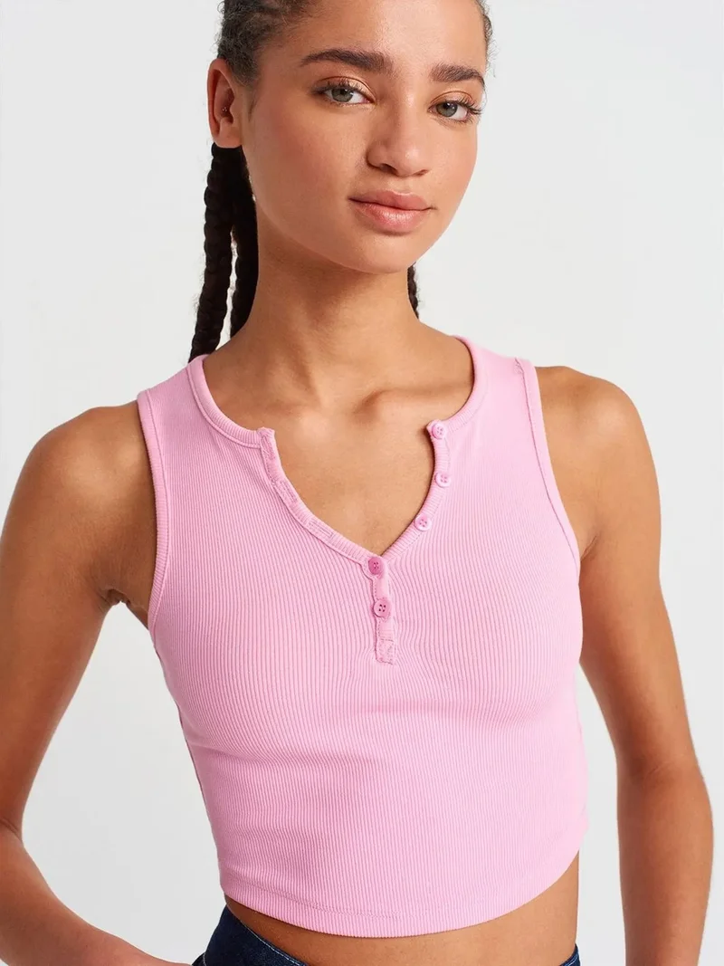 Dilvin DILVIN Women's Ribbed Crop Blouse With Buttons