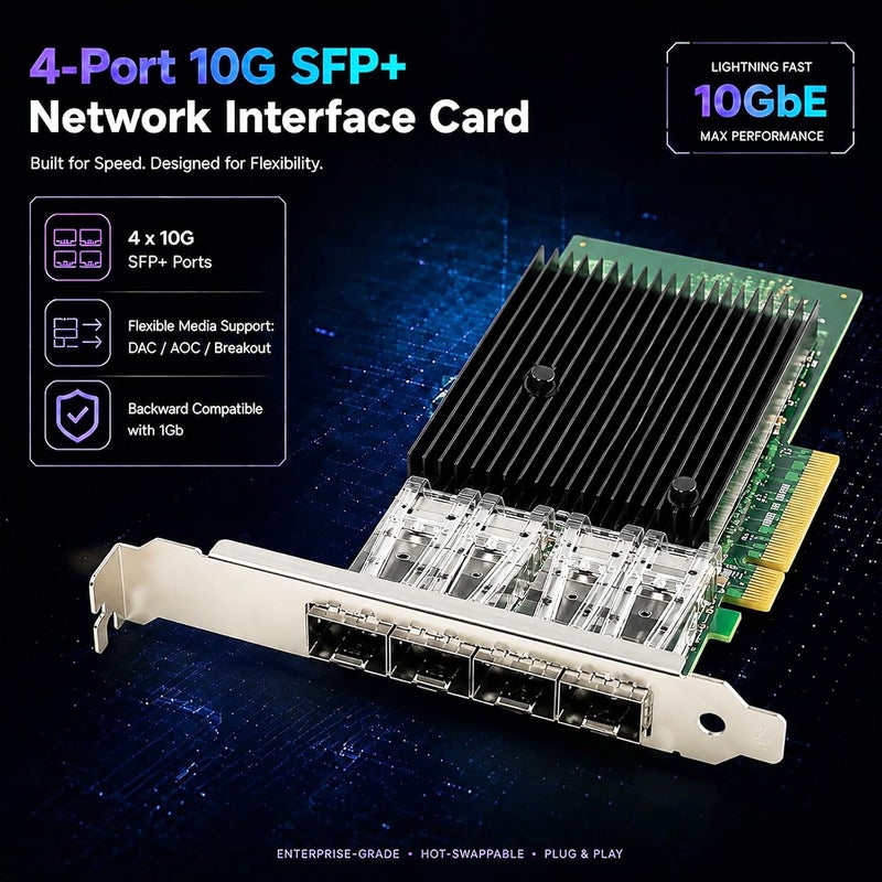 جلوتريندز بطاقة شبكة ST7219 إيثرنت 10G SFP+ بأربعة منافذ مع وحدة تحكم Intel X710-BM1، واجهة PCIE 3.0 X8، تدعم نظام التشغيل Windows 11/10/Windows Server/Linux/ESX/VMware ESXi (لا تدعم نظام التشغيل Mac OS) - Image 2