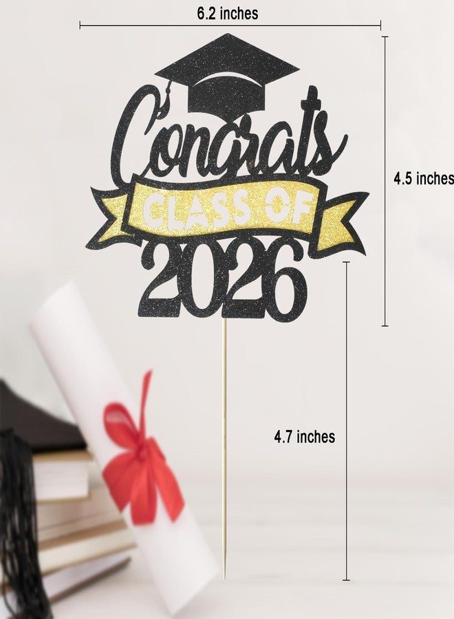 FEILIBAY Graduation Cake Topper Class of 2026, Congrats Grad Cake Picks - Glitter Graduation Cake Decorations, 2026 Graduation Party Supplies for High School College University(Black with Gold) - Image 2