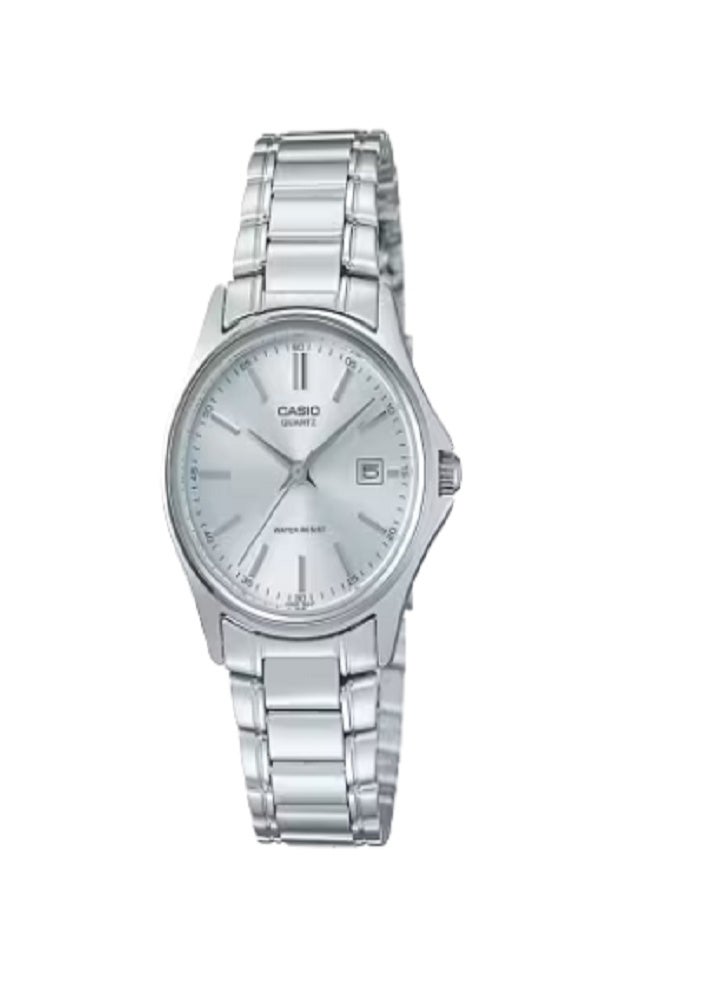 ساعة كاسيو النسائية التناظرية المصنوعة من الفولاذ المقاوم للصدأ - مينا فضي أنيق مع عرض التاريخ