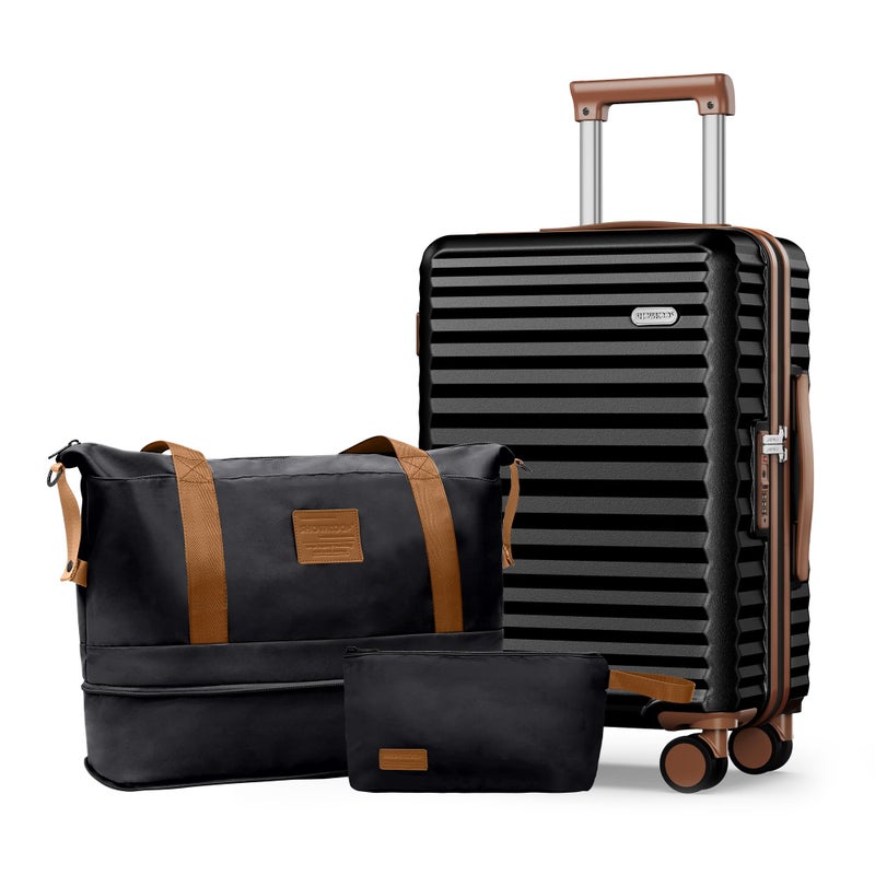 SHOWKOO Carry on Luggage 20-Inch PC Small Hardcase Lightweight Durable Travel Cabin Suitcase with Travel Duffels Bag +Toiletry Bag Double Spinner Wheels &, Elegant Black - Image 1