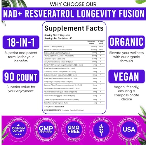 Adndale NAD Resveratrol Supplement. NMN Alternative Liposomal NAD+, Trans Resveratrol, Quercetin, Berberine, Betaine Anhydrous, Grape Seed, Fisetin. 90 Capsules - Image 5