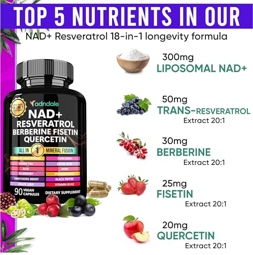 Adndale NAD Resveratrol Supplement. NMN Alternative Liposomal NAD+, Trans Resveratrol, Quercetin, Berberine, Betaine Anhydrous, Grape Seed, Fisetin. 90 Capsules - Image 2