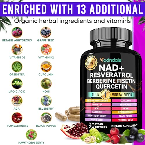 Adndale NAD Resveratrol Supplement. NMN Alternative Liposomal NAD+, Trans Resveratrol, Quercetin, Berberine, Betaine Anhydrous, Grape Seed, Fisetin. 90 Capsules - Image 3