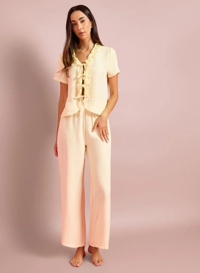 ستايلي Yellow Tie-Up Detail Ruffled Top and Pants Pyjama Set