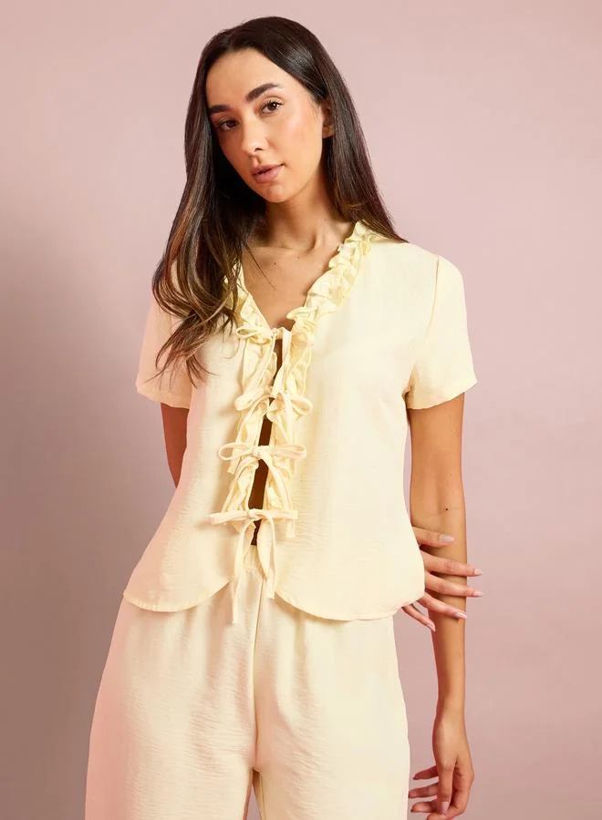 ستايلي Yellow Tie-Up Detail Ruffled Top and Pants Pyjama Set