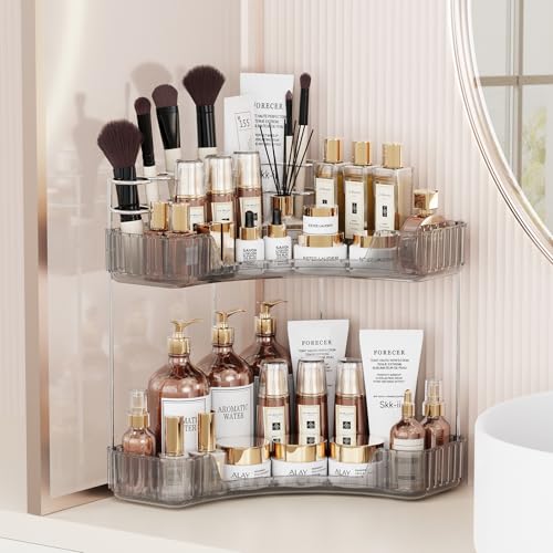 Asayuee 2Tier Corner Bathroom Counter Organizer with Top Toothbrush HoldersLarge Makeup Organizer Countertop with Brush HolderSkincare Organizers CornerExquisite Vanity Organizer Gray 2 Tier - Image 1