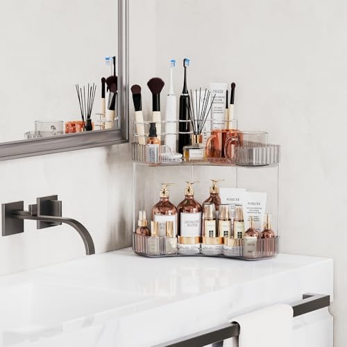 Asayuee 2Tier Corner Bathroom Counter Organizer with Top Toothbrush HoldersLarge Makeup Organizer Countertop with Brush HolderSkincare Organizers CornerExquisite Vanity Organizer Gray 2 Tier - Image 3