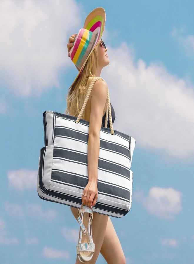 Becokan Beach Bags for Women Large Waterproof Beach Tote Bag Zipper Beach Bags Waterproof Sandproof Swim Pool Bag Large Tote, Dark Grey Stripe, Large - Image 2