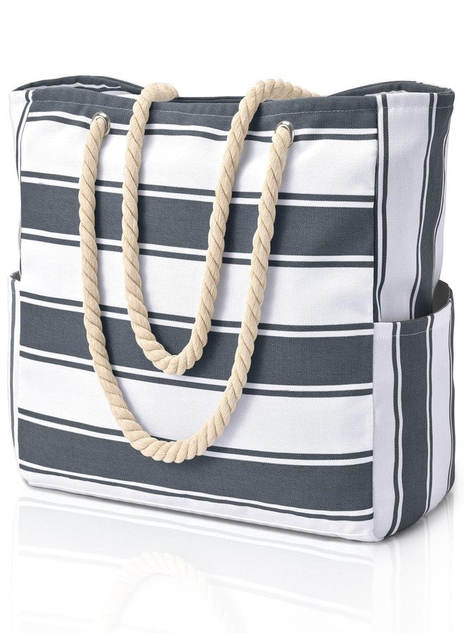 Becokan Beach Bags for Women Large Waterproof Beach Tote Bag Zipper Beach Bags Waterproof Sandproof Swim Pool Bag Large Tote, Dark Grey Stripe, Large - Image 1
