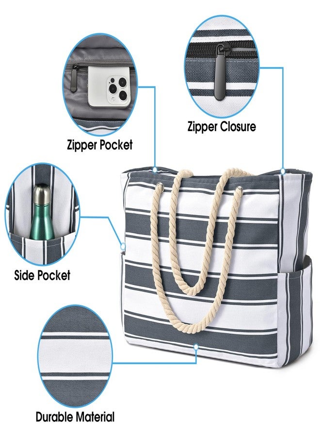 Becokan Beach Bags for Women Large Waterproof Beach Tote Bag Zipper Beach Bags Waterproof Sandproof Swim Pool Bag Large Tote, Dark Grey Stripe, Large - Image 4