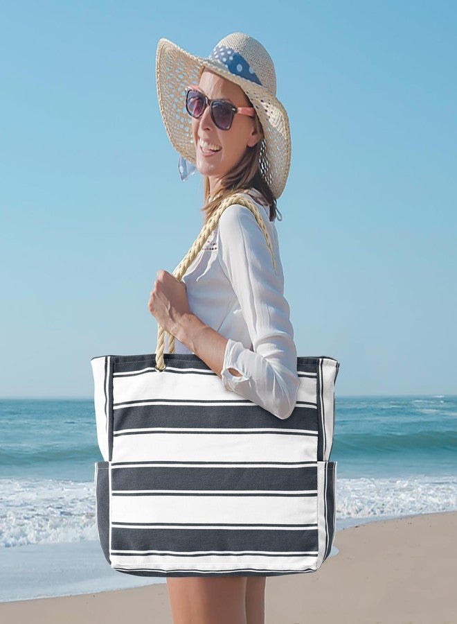 Becokan Beach Bags for Women Large Waterproof Beach Tote Bag Zipper Beach Bags Waterproof Sandproof Swim Pool Bag Large Tote, Dark Grey Stripe, Large - Image 3