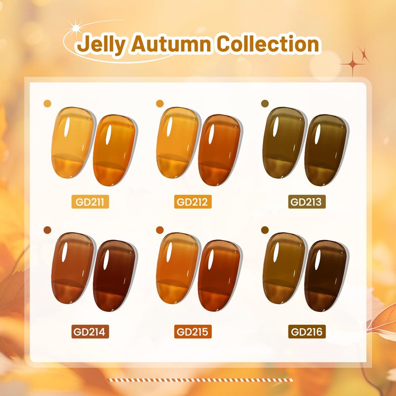 JODSONE 6 Colors Gel Nail Polish Set Fall Collection Jelly Effect Soak Off Need U V LED Gel Polish Set Autumn Mauve Brown RedSalon-Quality DlY Home Manicure - Image 2