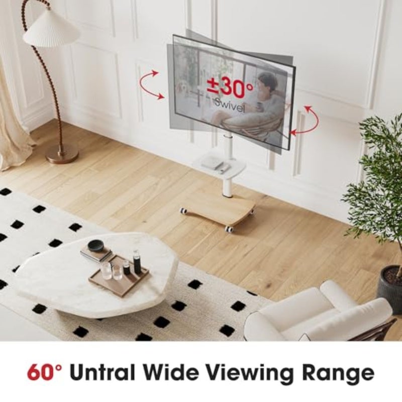 حامل تلفزيون متدحرج لأجهزة التلفاز مقاس 32-65 بوصة يحمل ما يصل إلى 88 رطلاً، حامل تلفزيون متنقل مع 8 مستويات لضبط الارتفاع، دوران 60 درجة مع إمالة، مناسب لغرفة المعيشة/غرفة النوم/المكتب، بحد أقصى 400 × 400 مم - Image 2