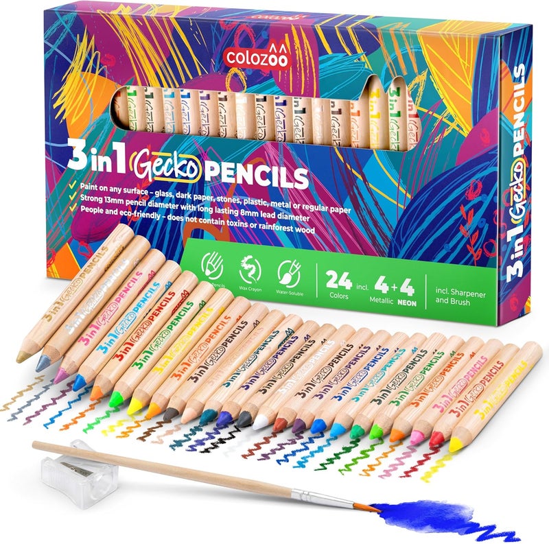colozoo 3 In 1 Colouring Pencils - 24 Colours Set inc. Brush and Sharpener - Non-Toxic and Vegan for Ages 3 And Up - Image 1
