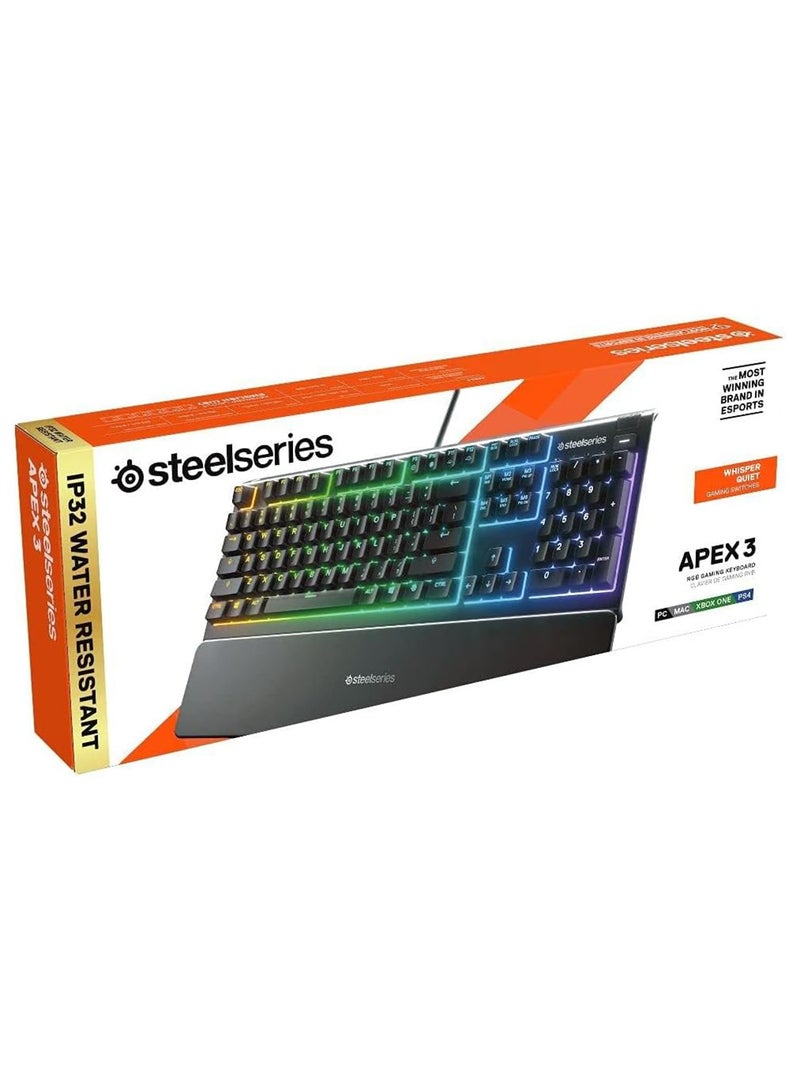steelseries Apex 3 Water Resistant Gaming Keyboard, Premium Magnetic Wrist Rest, Whisper Quiet Gaming Switch, 10-Zone RGB Illumination, Anti-Ghosting, English US Layout, Black | 64795 - Image 3