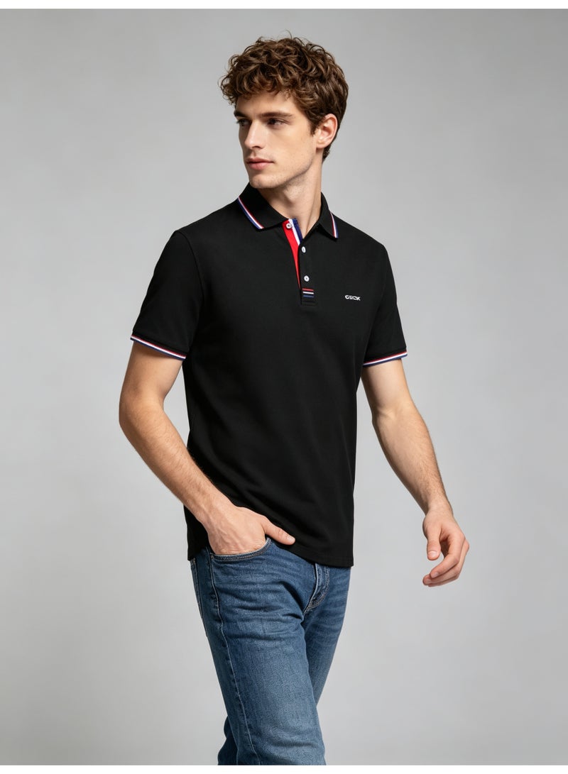 GEOX Unisex Short Sleeve Collar Polo Shirt, Contrast Striped Cuff & Collar, Casual Daily Wear, Black - Image 2