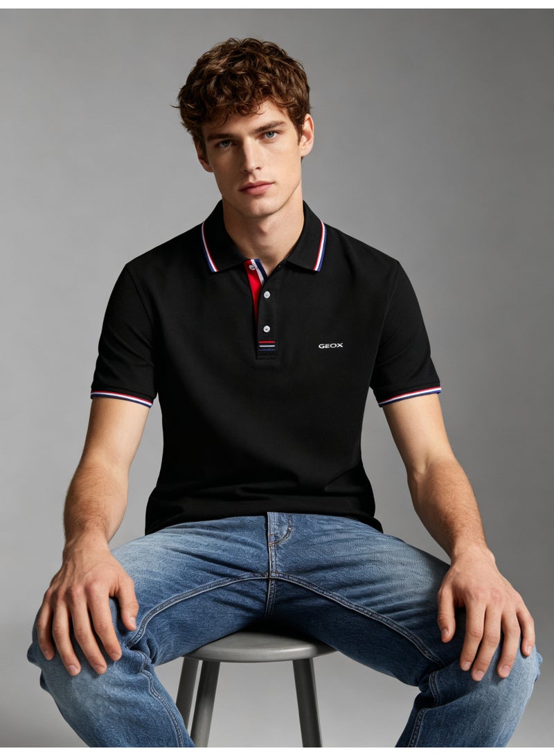 GEOX Unisex Short Sleeve Collar Polo Shirt, Contrast Striped Cuff & Collar, Casual Daily Wear, Black - Image 1
