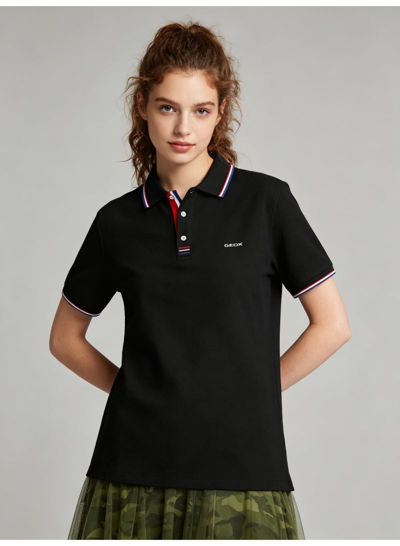GEOX Unisex Short Sleeve Collar Polo Shirt, Contrast Striped Cuff & Collar, Casual Daily Wear, Black - Image 3