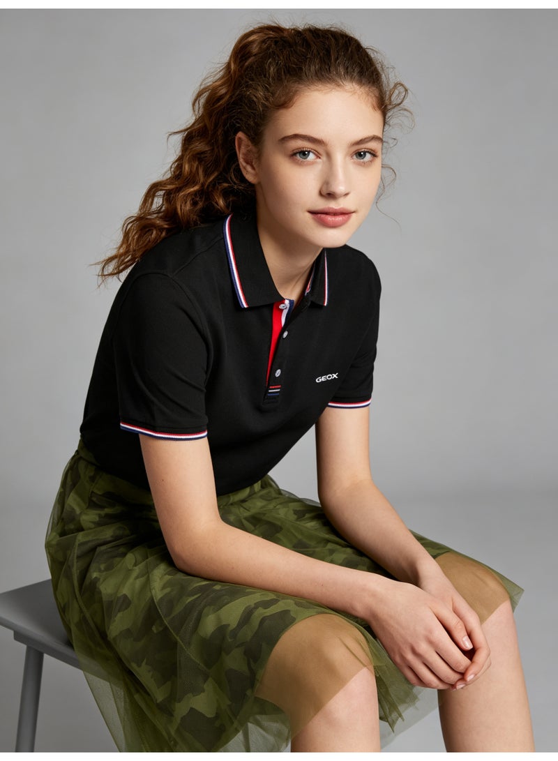 GEOX Unisex Short Sleeve Collar Polo Shirt, Contrast Striped Cuff & Collar, Casual Daily Wear, Black - Image 4