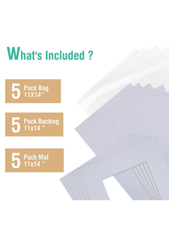 Acid Free 5 Pack 11X14 Precut Mat Board Show Kit For 8X10 Photos Prints Or Artworks 5 Core Bevel Cut Matts And 5 Backing Boards And 5 Crystal Plastic Bags White