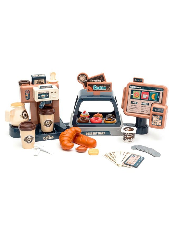 Jomifin Pretend Role Play Toy Coffee Shop for Boys and Girls with Coffee Maker Machine and Fake Donuts 41Pcs (Classic Edition) - Image 1